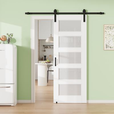 30" x 80" 5-Lite Tempered Frosted Glass Barn Door with 72" Track Kit, Solid Core MDF Sliding Barn Doors for Closet Kitchen, Paintable White Door Panel with Excellent Sound & Thermal Insulation, Sturdy