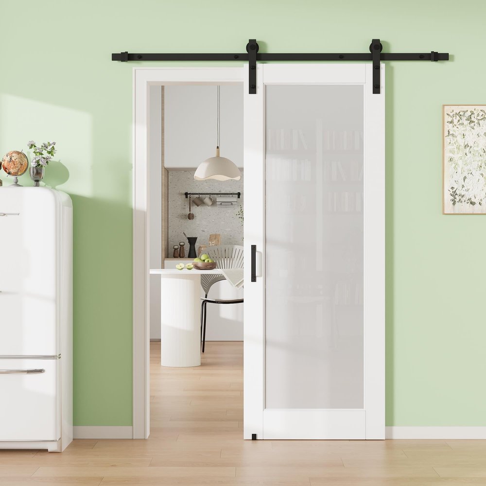 18" x 80" 1-Lite Tempered Frosted Glass Barn Door with 72" Track Kit, Solid Core MDF Sliding Barn Doors for Closet Kitchen, Paintable White Door Panel with Excellent Sound & Thermal Insulation, Sturdy