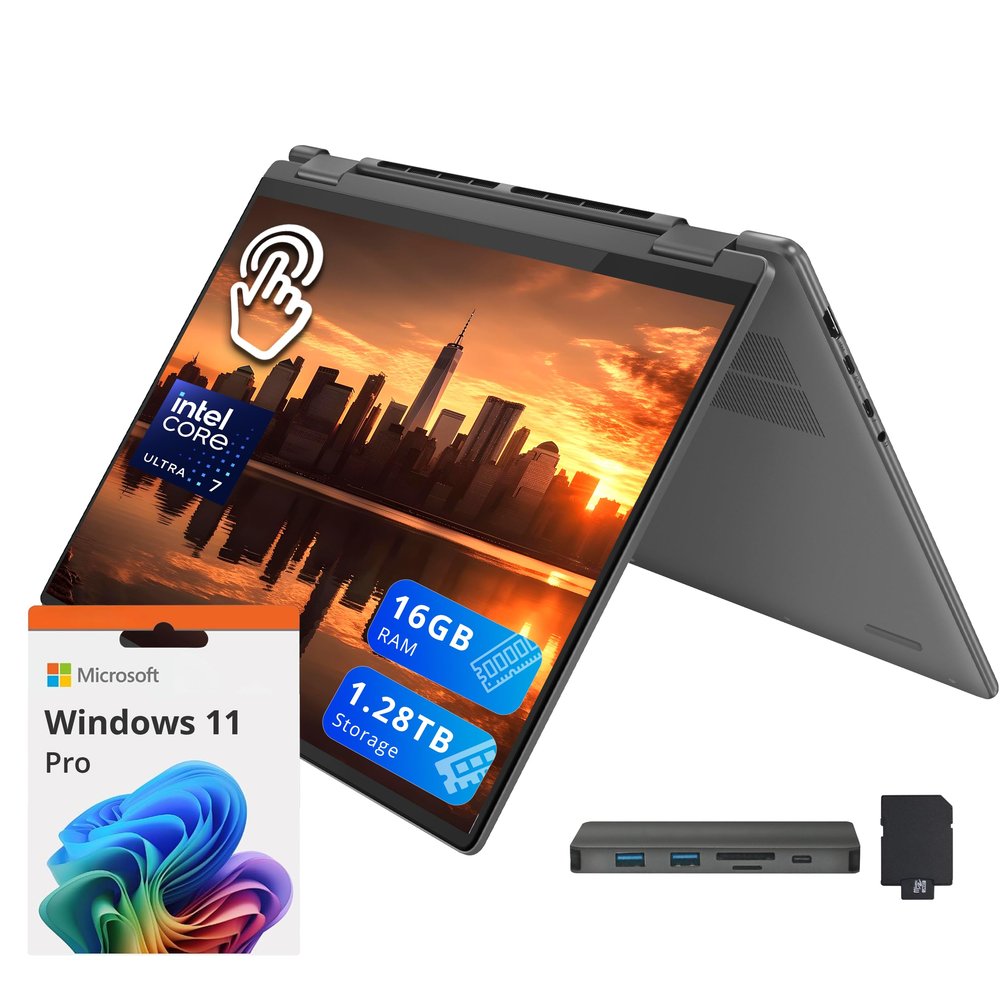 Lenovo Yoga 7i 2-in-1 16" 2K Touchscreen Laptop, Intel Ultra 7 155U, 16GB LPDDR5X, 1.28TB Storage(1TB SSD +288GB Docking Station Set), Fingerprint Reader, Backlit Keyboard, WiFi 6E, Win 11 Pro, Grey