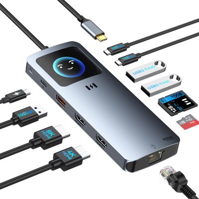 Laptop Docking Station Dual Monitor 12-in-1 USB C Docking Station with Smart LCD Display, 2 HDMI Ports+100W PD+10Gbps USB-C/A+2.5G Ethernet+SD/TF,Docking Station for Dell/HP/Lenovo Laptop