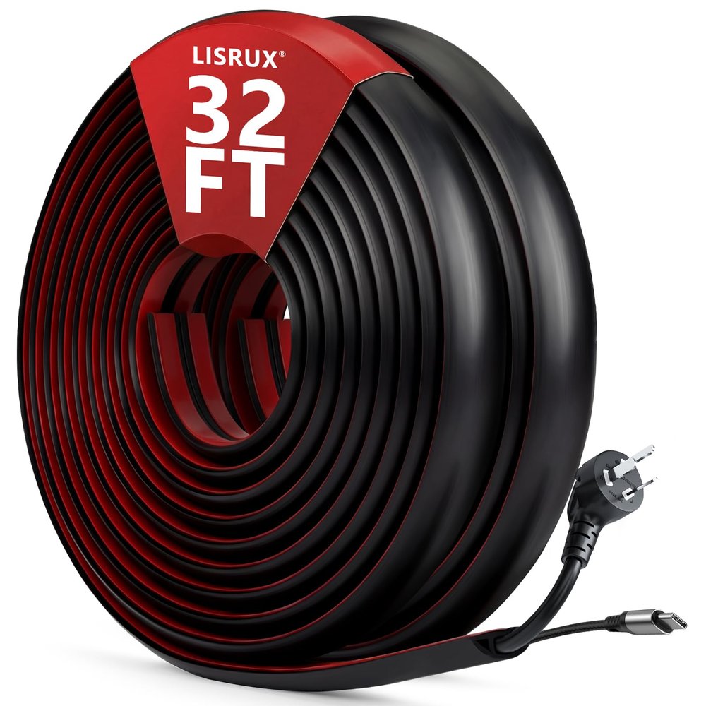 32FT Floor Cord Cover,Black Cable Protector,Self Adhesive Hide Extension Cords,Prevent Cable Trips for Offices, Gyms,Cavity: 0.39"(W) x 0.27"(H)
