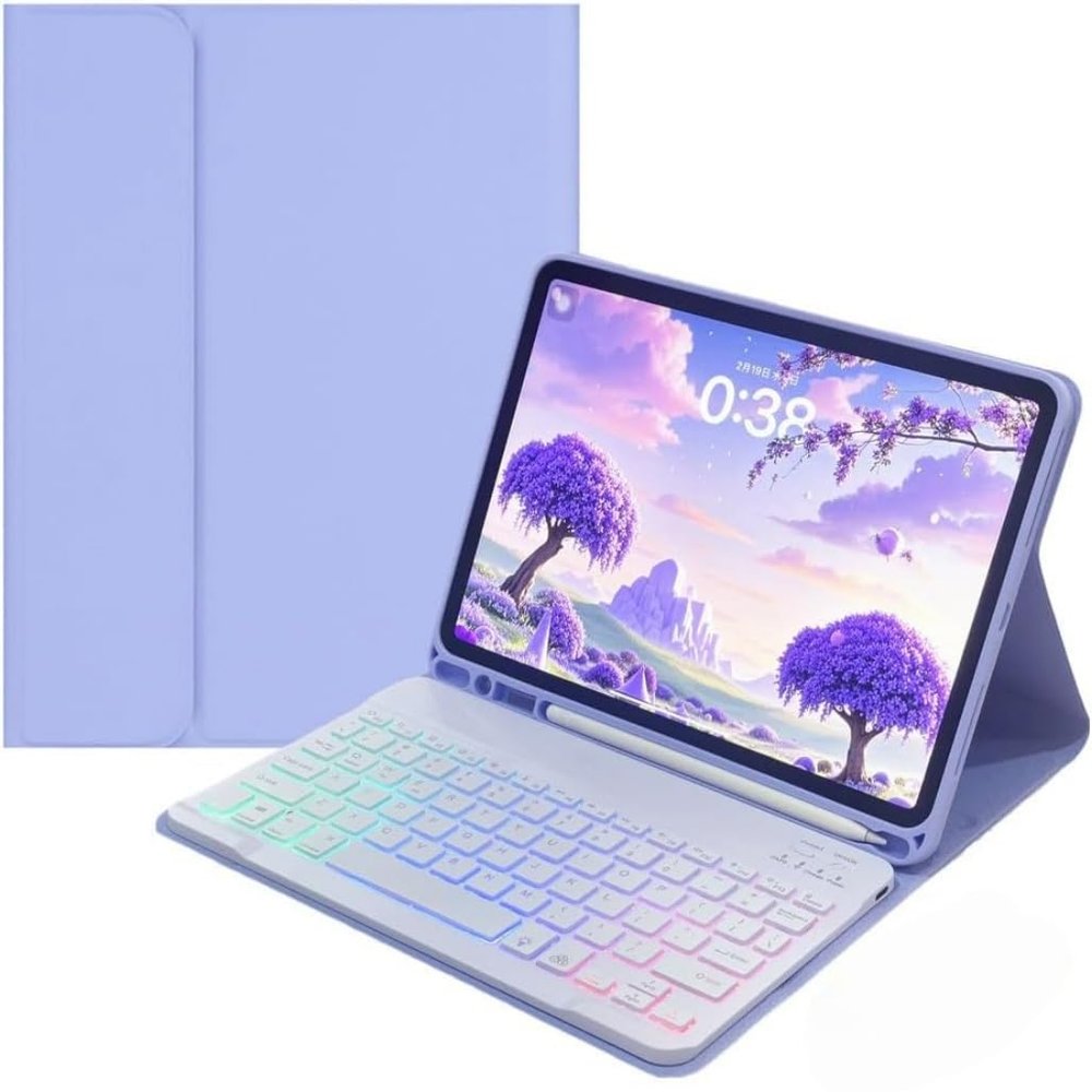 Backlit Keyboard Case for Galaxy Tab S10+ Plus/S9 FE+ Plus/S9+ Plus/S8+ Plus/S7 FE/S7+ Plus 12.4 inch, 7-Color Rainbow Backlight Magnetic Detachable Keyboard Cover with S Pen Holder,Purple+White