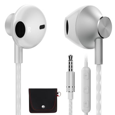 AzukiLife White Wired Earbuds with Microphone for Laptop, 3.5mm in-Ear Headphones with Volume Control, Clear Sound, Tangle-Free Cable, Aluminum Earbuds for iPhone, iPad, Computer, PC & School