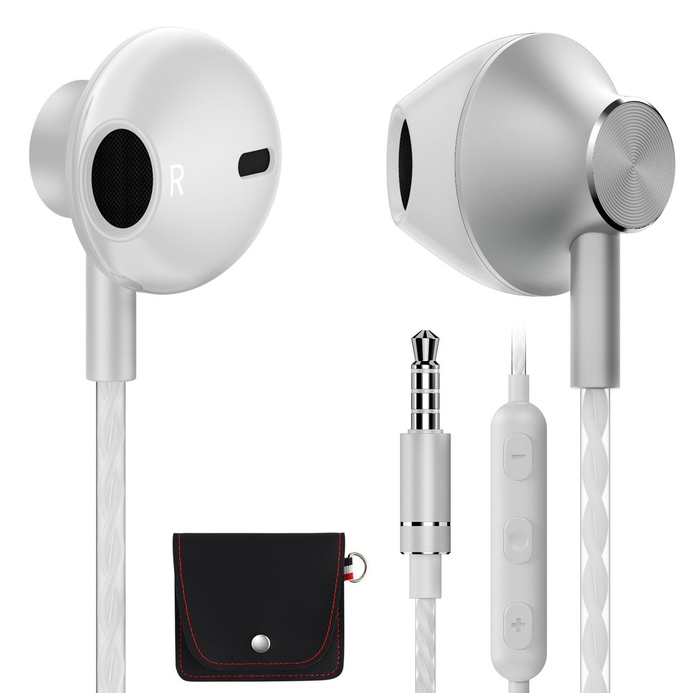 AzukiLife White Wired Earbuds with Microphone for Laptop, 3.5mm in-Ear Headphones with Volume Control, Clear Sound, Tangle-Free Cable, Aluminum Earbuds for iPhone, iPad, Computer, PC & School