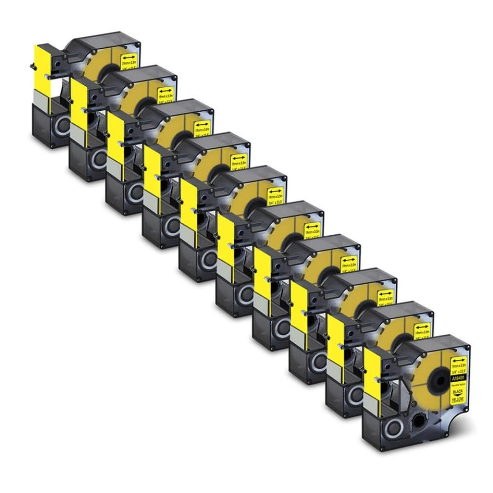 10PK Flexible Nylon Label Tapes Compatible with 18488 18489 18490 18491 Ribbons for Label Makers Like 5200 4200 6000(19mm Black on Yellow)