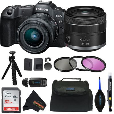Canon EOS R8 Full-Frame Mirrorless Camera (Body Only), RF Mount, 24.2 MP, 4K Video, DIGIC X Image Processor (Renewed) (Camera w/Lens Kit + Basic Accessories Bundle)