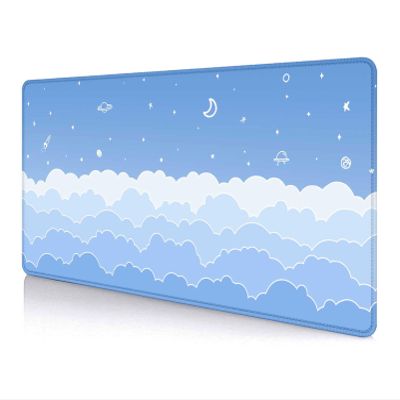IMAYONDIA Cute Pastel Blue Desk Mat, Minimalist Large Gaming Mouse Pad Mousepad, Kawaii Anime Writing Pads Deskmat, Gradient White Clouds Computer Pad, Aesthetic Stars Moon Deskpad, 31.5 x 15.7 in