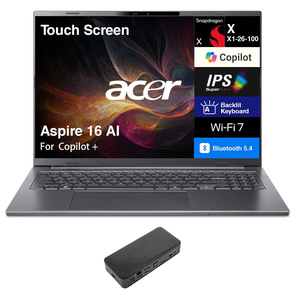 acer Aspire 16 AI Copilot + Laptop 16.0" WUXGA (Qualcomm Snapdragon X X1-26-100, 16GB LPDDR5X, 2TB PCIe SSD, Qualcomm Adreno, Win 11 Home) w/USB-C Dock