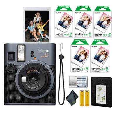 FujiFilm Instax Mini 41 Instant Film Camera Bundle with Fuji Instant-mini Film Value Pack (100 Sheets) + 4X Rechargeable AA Batteries with Charger + Photo Album  64 Pockets + More