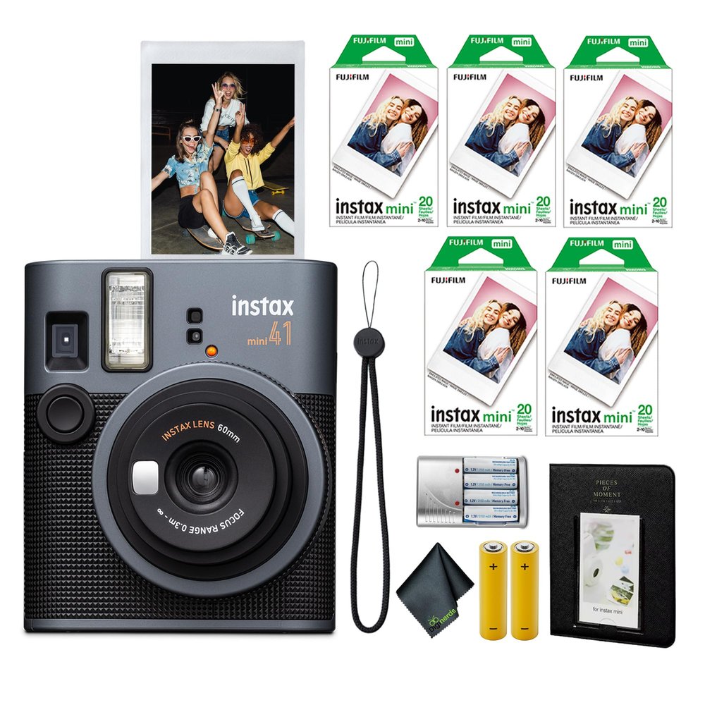 FujiFilm Instax Mini 41 Instant Film Camera Bundle with Fuji Instant-mini Film Value Pack (100 Sheets) + 4X Rechargeable AA Batteries with Charger + Photo Album  64 Pockets + More