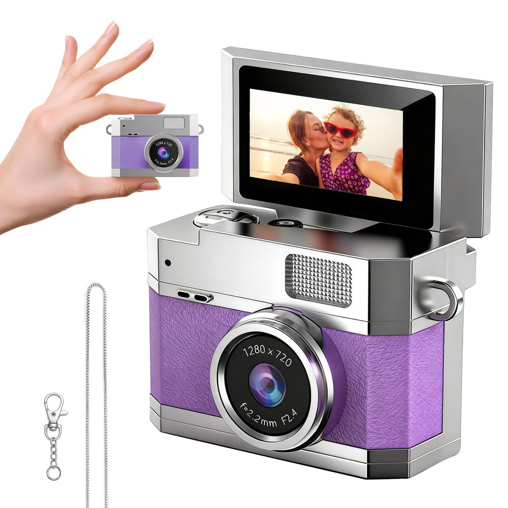 Mini Keychain Digital Camera Purple - HD Mini Digital Camera with 0.96" Flip Screen & 32GB Card,Funny Gifts for Friends,Valentines Day Gifts