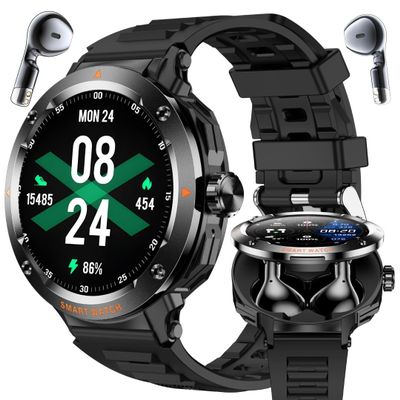 2-in-1 Smartwatch with Earbuds - Zinc Alloy Bezel, 1.46" Round Display, Bluetooth Call Function, Music Playback, NFC, Multiple Sports Modes, Fitness Tracking, Compatible with iPhone Android Smartphone