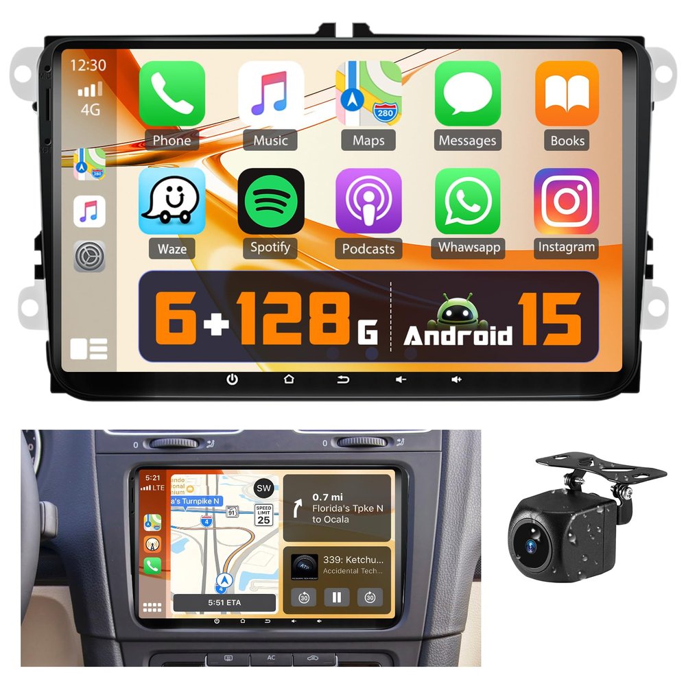[8 Cores 6+128G] Car Radio for Volkswagen VW Golf Polo Passat B6 B7 Jetta Caddy Seat Tiguan Touran Skoda, 9" Touch Screen Double Din with Carplay/DSP/32EQ/Bluetooth5.0/WiFi/GPS Navi/1280 * 720
