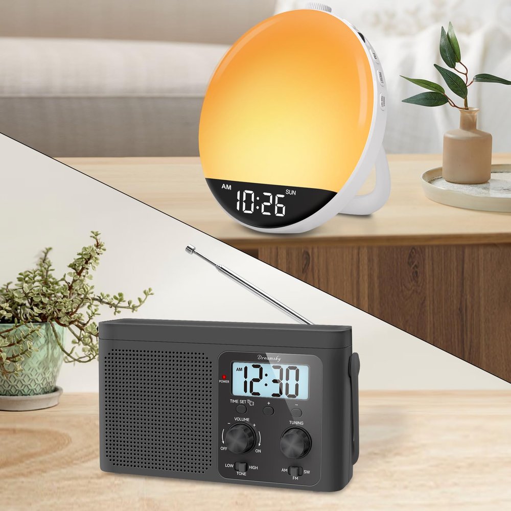 DreamSky Portable Radio and Sunrise Alarm Clock Radio with White Noise Sound Machine Bluetooth Speaker