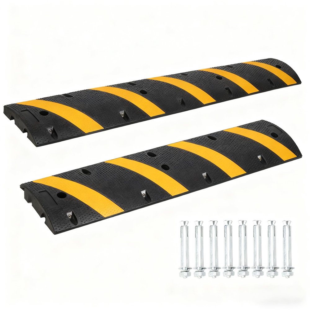 2 Pack Rubber Speed Bumps, 6Ft Heavy Duty Speed Bump, 25000LBS Capacity Cable Protector Ramp, Modular Cable Protector Ramps for Driveway/Road, Includes 8 Bolt Spikes