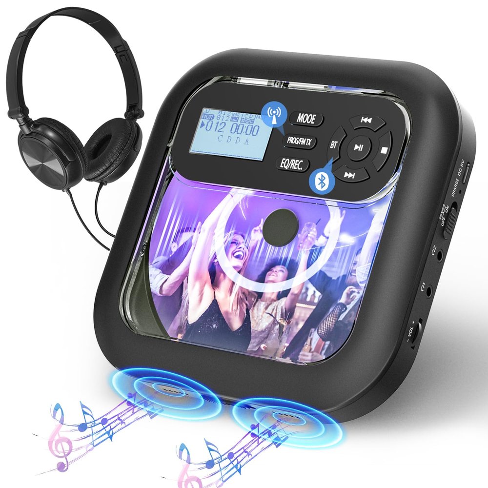 ERASINY Portable-CD-Player with Bluetooth - Rechargeable with FM Transmitter, Dual Speakers, Headphones and AUX Use for Car Travel Home