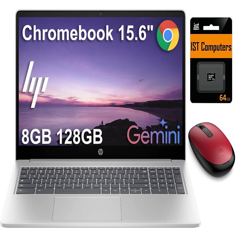 HP 15 Laptop Chromebook w/Bluetooth Mouse (15.6" Anti-Glare, Intel N200 (> i3-1115G4), 8GB DDR5 RAM, 128GB Storage (64GB eMMC + 64GB SD Card)) Home & Student, Wi-Fi, Numeric KB, Webcam, Chrome OS