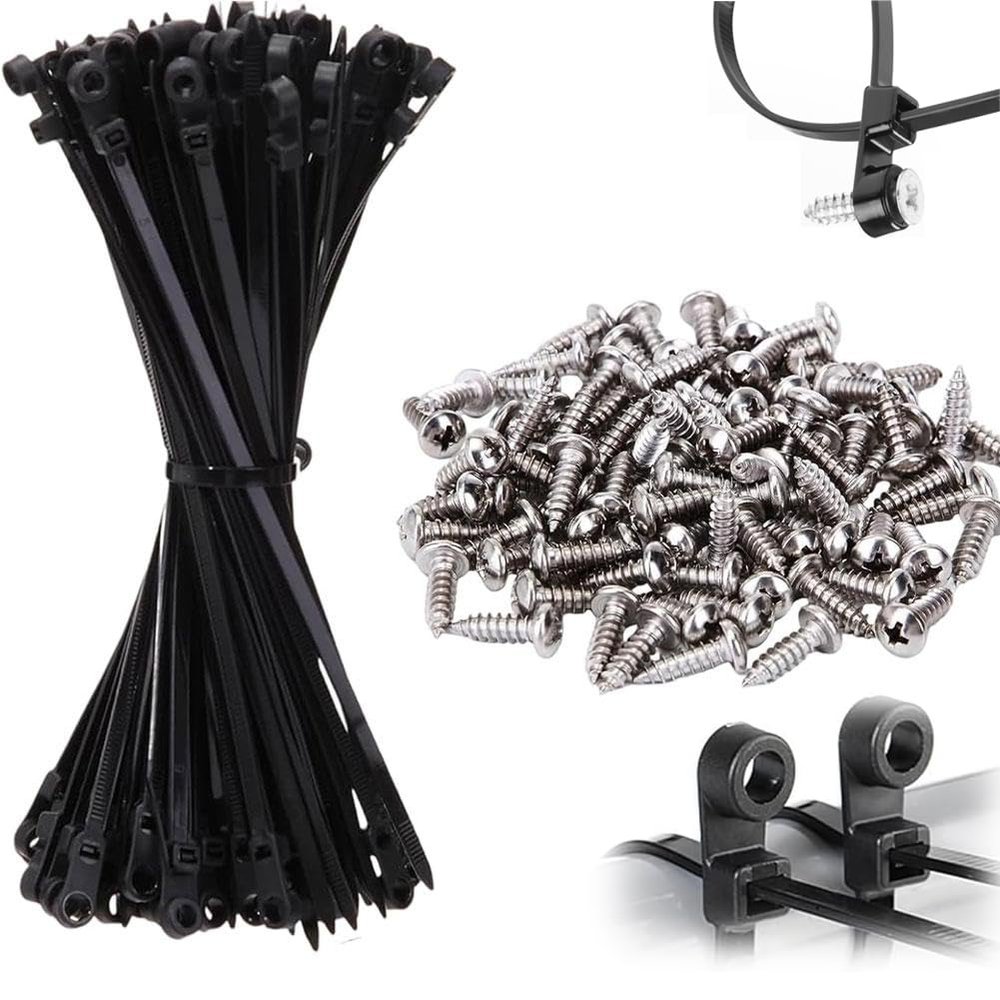 100pcs Zip Ties with Screw Hole, Multipurpose Nylon Universal Cable Tie, 2026 Upgraded Heavy Duty Black Zip Ties with 100pcs Screws, 75lbs Mountable Head Self-locking Straps (Black)