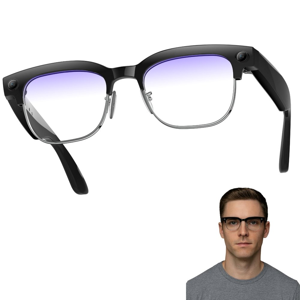 NEXLENZ Smart Camera Glasses with Blue Light Lenses8MP Hands-Free Photo&Video,AI Object Recognition with Voice Feedback,Real-Time Translation,Open-Ear Bluetooth Audio&Calls,IP65 Half-Frame Design