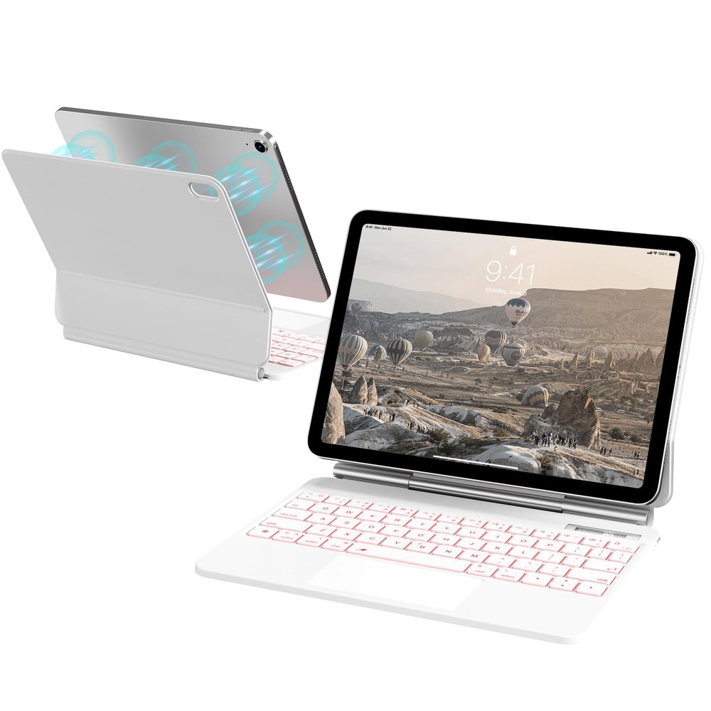 aoub Compatible for iPad A16 11th /10th Generation Case with Keyboard 11 inch/ 10.9 inch 2025/2022, Floating Stand, Touchpad Keyboard with Backlit, White