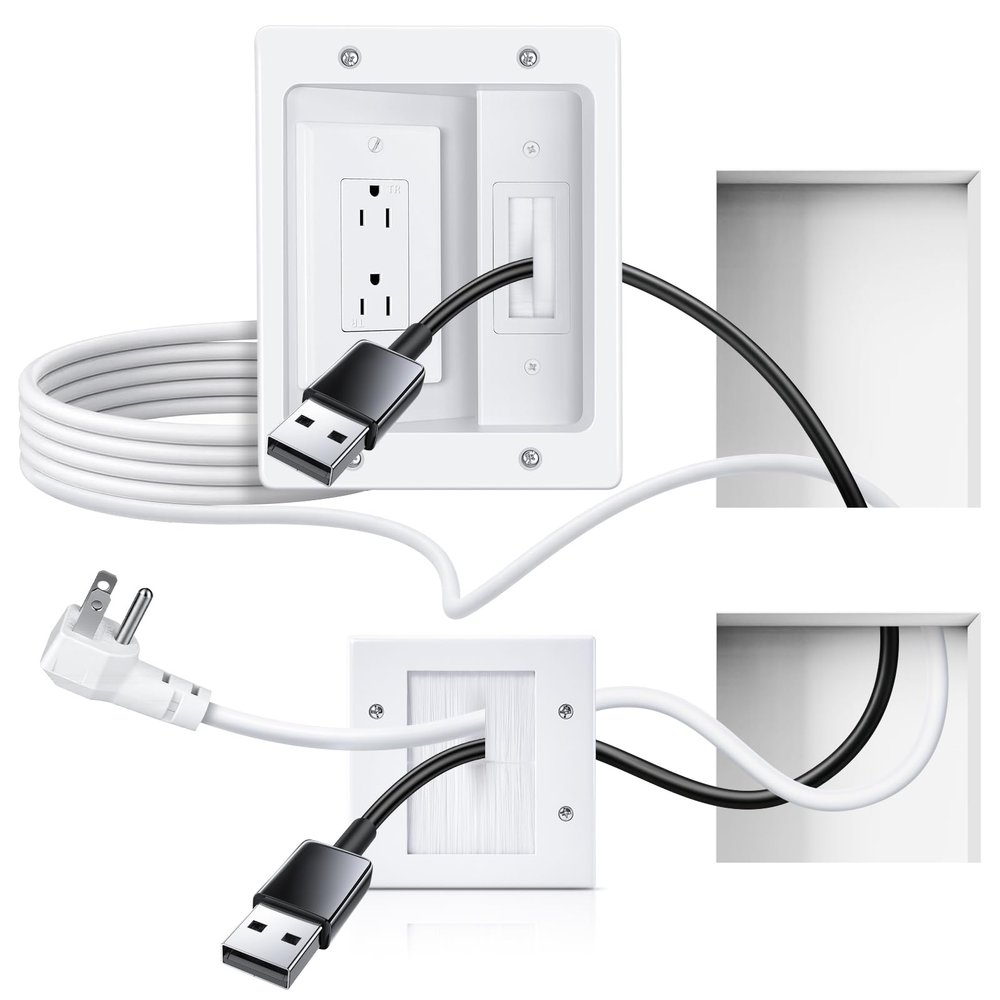 in Wall Cable Management Kit with Recessed Outlet Box, Two-Hole Socket, 10ft Power Cord, Tv Cable Hider Wall Kit Fits All Plugs, Easy, Safe Cable Management