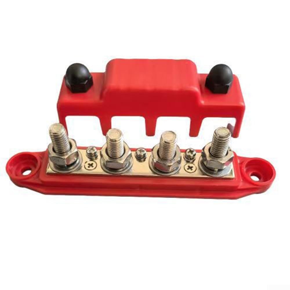 Heavy Duty 12V-48V DC Bus Bar Power Distribution Block 250 Amp with 4 Binding Posts and Flame Retardant Nylon Base for Automotive Marine RV Boat and Trailer Electrical Systems(M10 red)