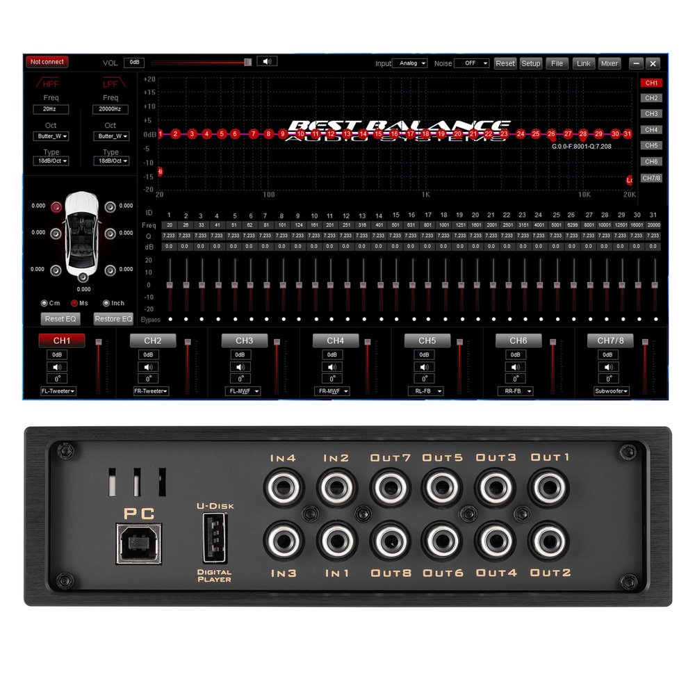 Car Audio DSP BTS880 4 Input 8 Output DSP Digital Signal Processor with Built in EQ Crossovers, 31-Band RCA Auxiliary Input and High Level Speaker Inputs DSP Bluetooth Equalizer Amplifier