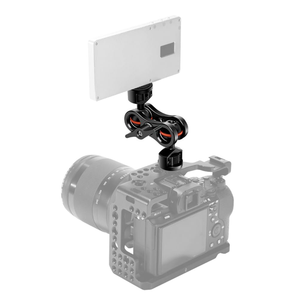 Akozon Magic Flexible Articulating Arm Dual Ballhead Camera Monitor Mount Bracket Aluminum Alloy 1/4 Inch Screws 360 Rotatable for Field Monitor LED Light Camera Cage Portable (Black)