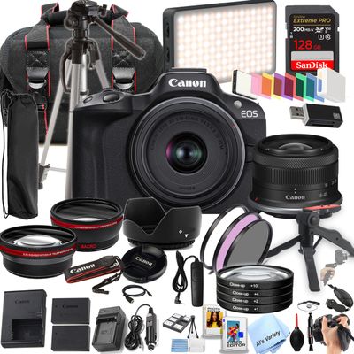 Canon EOS R50 24.2MP APS-C CMOS Sensor Mirrorless Camera with 18-45mm Lens+ 128GB Extreme Memory, LED Video Light, Wide Angle Lens, Telephoto Lens, 3pc Filter Kit- 42pc Pro Bundle (Renewed)