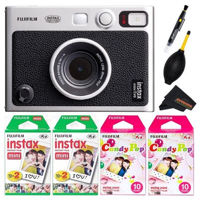 Fujifilm Instax Mini EVO Instant Camera with Sunshine Photo Microfiber Cleaning Cloth (Camera + 2 Twin & 2 Candy Pop, Black)
