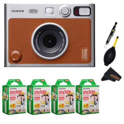 Fujifilm Instax Mini EVO Instant Camera with Sunshine Photo Microfiber Cleaning Cloth (Camera + 4 Twin Packs, Brown)