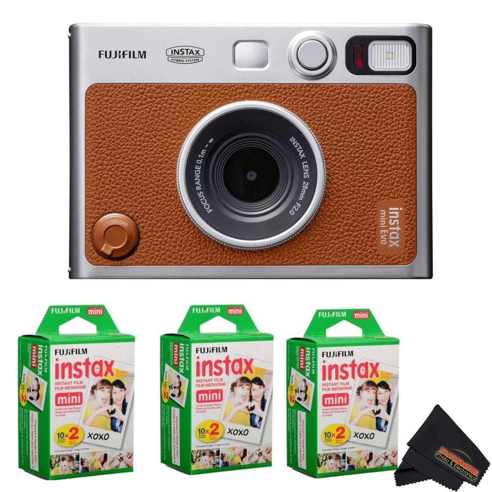 Fujifilm Instax Mini EVO Instant Camera with Sunshine Photo Microfiber Cleaning Cloth (Camera + 3 Twin Packs, Brown)