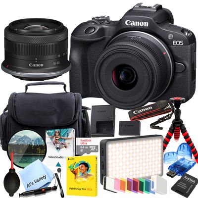 Canon EOS R100 24.2MP APS-C CMOS Sensor Mirrorless Camera with 18-45mm Lens + 64GB Memory, LED Video Light, Filter, Tripod and More (Renewed)
