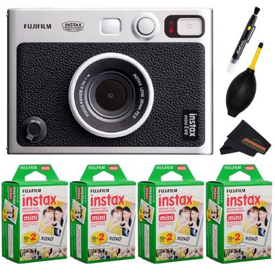 Fujifilm Instax Mini EVO Instant Camera with Sunshine Photo Microfiber Cleaning Cloth (Camera + 4 Twin Packs, Black)