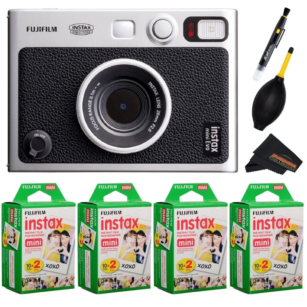 Fujifilm Instax Mini EVO Instant Camera with Sunshine Photo Microfiber Cleaning Cloth (Camera + 4 Twin Packs, Black)