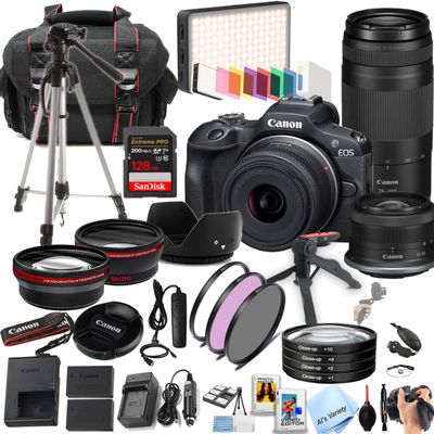 Canon EOS R100 24.2MP APS-C CMOS Sensor Mirrorless Camera with 18-45mm + 75-300mm Lenses + 128GB Extreme Memory, LED Video Light, Wide Angle Lens, Telephoto Lens, Filters- 44pc Pro Bundle (Renewed)