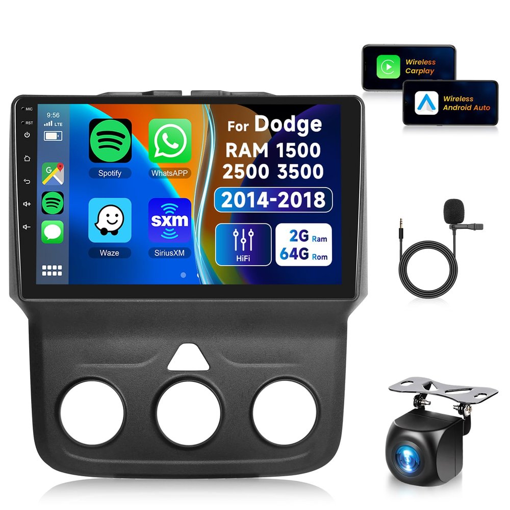 2+64G for Dodge RAM 1500 2500 3500 2014-2018 Wireless Carplay/Android Auto,Android Car Radio Stereo 9" Touch Screen GPS Navi WiFi Bluetooth FM/RDS Mirror Link SWC Backup Camera for Dodge RAM Radio