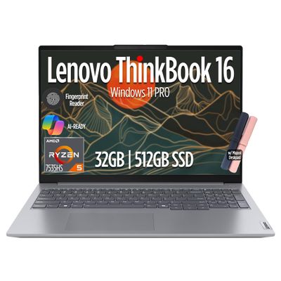 Lenovo ThinkBook 16 Gen 7 Business Laptop, 16" FHD+ Display, AMD Ryzen 5 7535HS (> i7-1355U), 32GB DDR5 RAM, 512GB SSD, KB Backlit, Webcam, Ethernet, Wi-Fi 6, Windows 11 Pro w/Copilot, MAJ DESKPAD