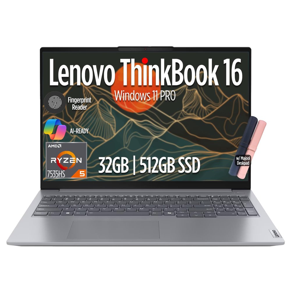 Lenovo ThinkBook 16 Gen 7 Business Laptop, 16" FHD+ Display, AMD Ryzen 5 7535HS (> i7-1355U), 32GB DDR5 RAM, 512GB SSD, KB Backlit, Webcam, Ethernet, Wi-Fi 6, Windows 11 Pro w/Copilot, MAJ DESKPAD
