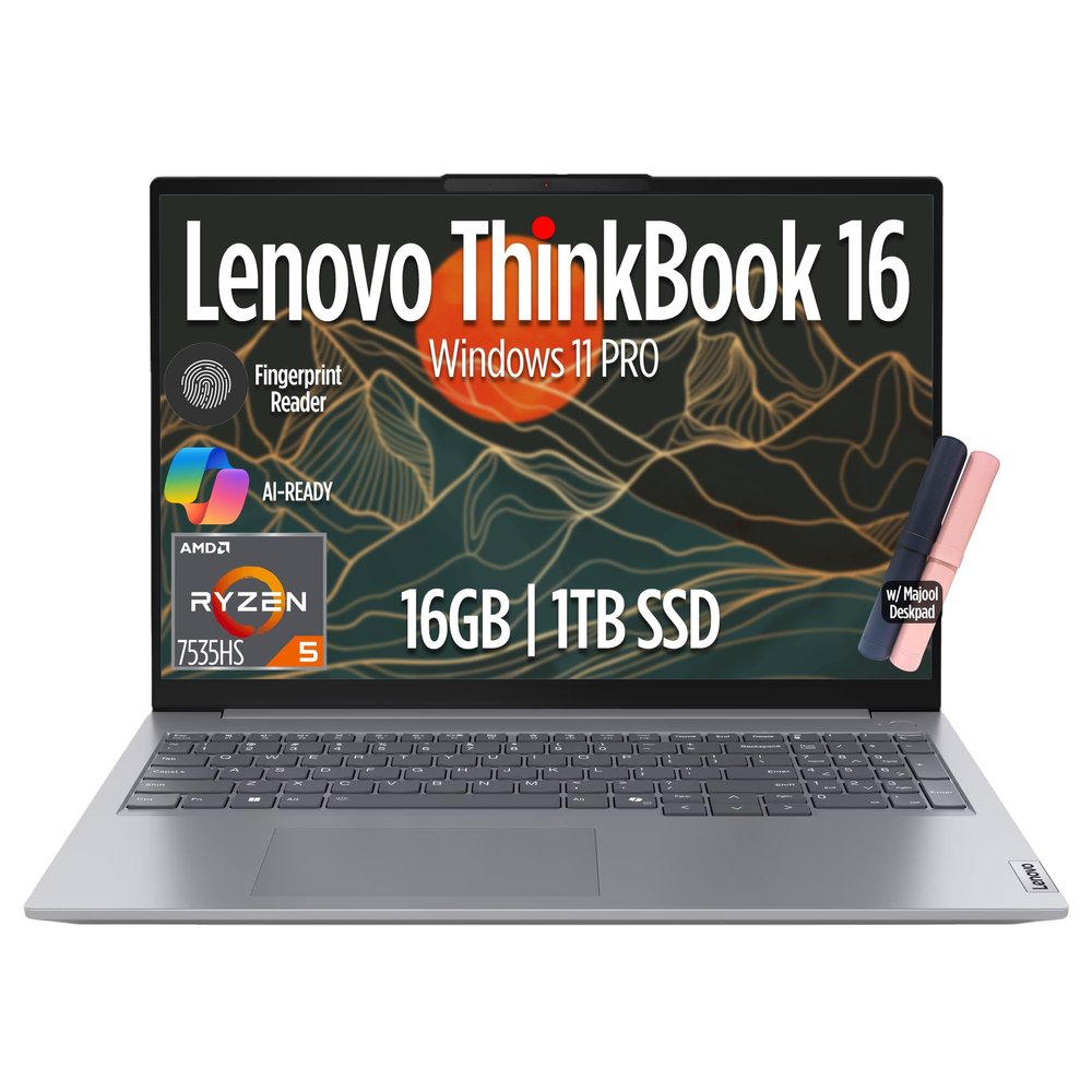 Lenovo ThinkBook 16 Gen 7 Business Laptop, 16" FHD+ Display, AMD Ryzen 5 7535HS (> i7-1355U), 16GB DDR5 RAM, 1TB SSD, KB Backlit, Webcam, Ethernet, Wi-Fi 6, Windows 11 Pro w/Copilot, MAJ DESKPAD