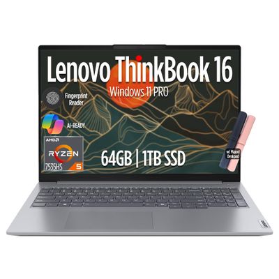 Lenovo ThinkBook 16 Gen 7 Business Laptop, 16" FHD+ Display, AMD Ryzen 5 7535HS (> i7-1355U), 64GB DDR5 RAM, 1TB SSD, KB Backlit, Webcam, Ethernet, Wi-Fi 6, Windows 11 Pro w/Copilot, MAJ DESKPAD