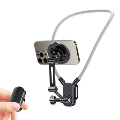 Magnetic Neck Phone Holder for Recording, Hands Free POV/Vlog Neck Mount with Wireless Remote Control, Neck Tripod with Chest Strap for Cooking/Riding, Content Creator for iPhone Android GoPro