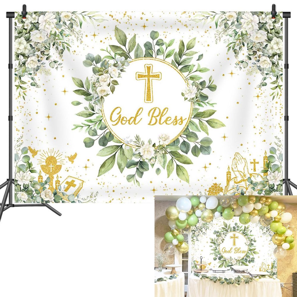 Greenery God Bless Backdrop Banner Green Baptism Photoshoot Background First Holy Communion Christening Party Decorations Banner Booth Props (7x5FT(82 x 59 inch))