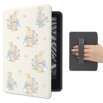 AdorableWhimsy Kawaii Floral Bunny Cute Case for Basic Kindle 11th Generation (2024/2022 Release) 6 Inch with Hand Strap Premium PU Leather Smart White Protective Folio Cover with Auto Sleep/Wake