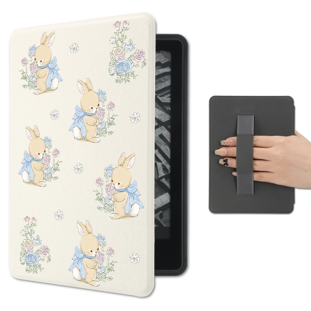AdorableWhimsy Kawaii Floral Bunny Cute Case for Basic Kindle 11th Generation (2024/2022 Release) 6 Inch with Hand Strap Premium PU Leather Smart White Protective Folio Cover with Auto Sleep/Wake