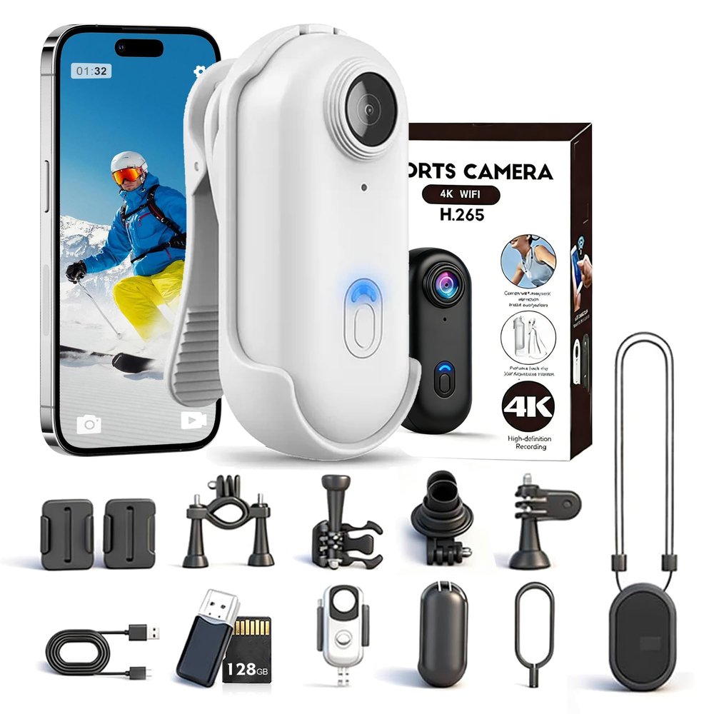 POV 4K Capture Pro 2.0, New Ultra Wide Angle HD Wearable Body Adventure Action Cameras - with 128G Card, Night Vision, for Skiing, Cycling and Outdoors Activities (White - Official Match)