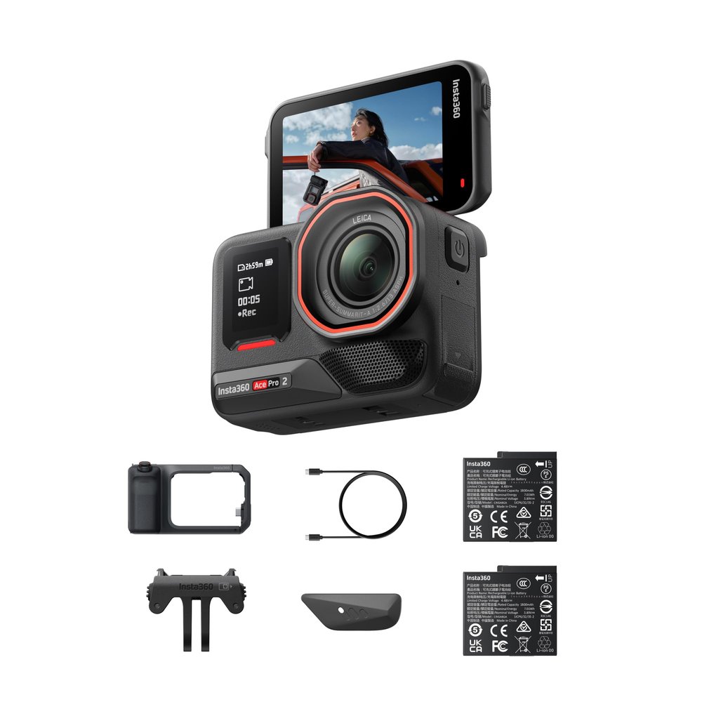 Insta360 Ace Pro 2 Xplorer Pro Bundle - 8K Waterproof Action Camera Co-Engineered with Leica, 1/1.3" Sensor, Dual AI Chip, Leading Low Light, Xplorer Grip Pro Kit for Street Photography