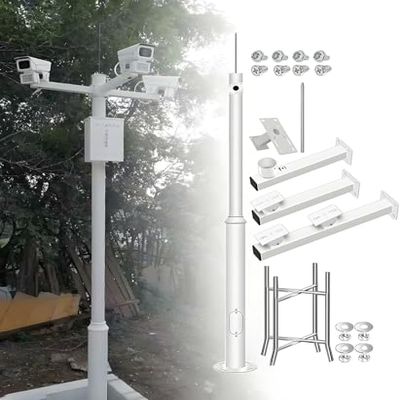 Adjustable Outdoor Security Camera Mounting Pole, 8FT-20FT Height with 4 Brackets, Ideal for Backyard, Garden, Driveway Surveillance - Durable and Stable Camera Holder