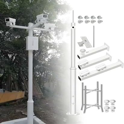 Adjustable Outdoor Security Camera Mounting Pole, 8FT-20FT Height with 4 Brackets, Ideal for Backyard, Garden, Driveway Surveillance - Durable and Stable Camera Holder