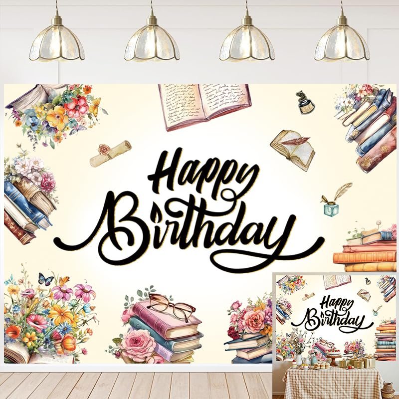 Reading Birthday Backdrop Retro Book Theme Flowers Happy Birthday Photography Background Kids Adult Book Lovers Library Party Decor Banner Supplies (6x4FT)
